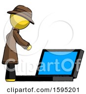 Poster, Art Print Of Yellow Detective Man Using Large Laptop Computer Side Orthographic View