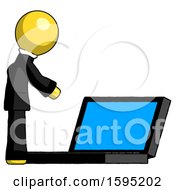 Poster, Art Print Of Yellow Clergy Man Using Large Laptop Computer Side Orthographic View