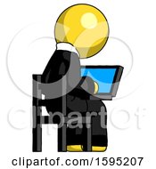 Poster, Art Print Of Yellow Clergy Man Using Laptop Computer While Sitting In Chair View From Back