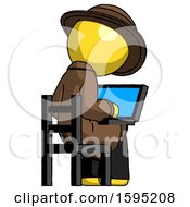 Poster, Art Print Of Yellow Detective Man Using Laptop Computer While Sitting In Chair View From Back