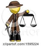 Poster, Art Print Of Yellow Detective Man Justice Concept With Scales And Sword Justicia Derived