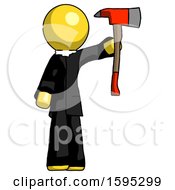 Poster, Art Print Of Yellow Clergy Man Holding Up Red Firefighters Ax