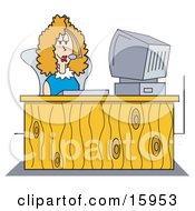 Female Receptionist Wearing A Headset And Taking A Call While Seated At A Computer Desk In An Office Clipart Illustration