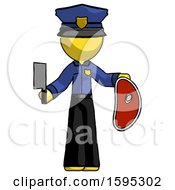 Poster, Art Print Of Yellow Police Man Holding Large Steak With Butcher Knife