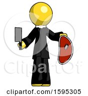 Poster, Art Print Of Yellow Clergy Man Holding Large Steak With Butcher Knife