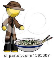 Poster, Art Print Of Yellow Detective Man And Noodle Bowl Giant Soup Restaraunt Concept