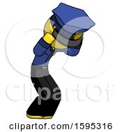 Yellow Police Man With Headache Or Covering Ears Turned To His Right
