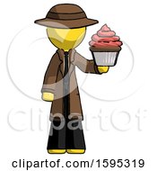 Poster, Art Print Of Yellow Detective Man Presenting Pink Cupcake To Viewer