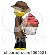 Poster, Art Print Of Yellow Detective Man Holding Large Cupcake Ready To Eat Or Serve