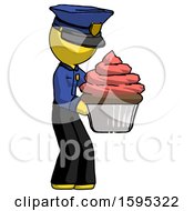 Poster, Art Print Of Yellow Police Man Holding Large Cupcake Ready To Eat Or Serve