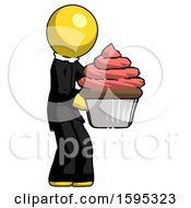 Poster, Art Print Of Yellow Clergy Man Holding Large Cupcake Ready To Eat Or Serve
