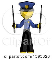 Yellow Police Man Posing With Two Ninja Sword Katanas Up