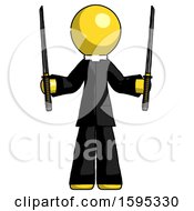 Yellow Clergy Man Posing With Two Ninja Sword Katanas Up