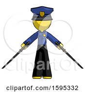 Yellow Police Man Posing With Two Ninja Sword Katanas