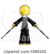 Poster, Art Print Of Yellow Clergy Man Posing With Two Ninja Sword Katanas
