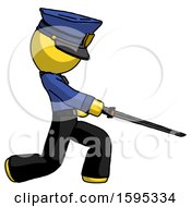 Yellow Police Man With Ninja Sword Katana Slicing Or Striking Something