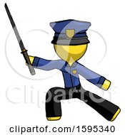 Poster, Art Print Of Yellow Police Man With Ninja Sword Katana In Defense Pose