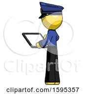 Poster, Art Print Of Yellow Police Man Looking At Tablet Device Computer With Back To Viewer