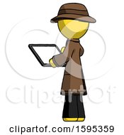 Poster, Art Print Of Yellow Detective Man Looking At Tablet Device Computer With Back To Viewer