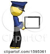 Poster, Art Print Of Yellow Police Man Show Tablet Device Computer To Viewer Blank Area