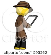Poster, Art Print Of Yellow Detective Man Looking At Tablet Device Computer Facing Away