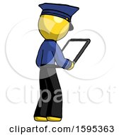 Poster, Art Print Of Yellow Police Man Looking At Tablet Device Computer Facing Away