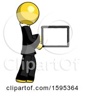 Poster, Art Print Of Yellow Clergy Man Show Tablet Device Computer To Viewer Blank Area
