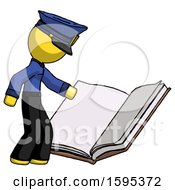 Yellow Police Man Reading Big Book While Standing Beside It