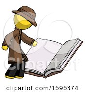 Yellow Detective Man Reading Big Book While Standing Beside It