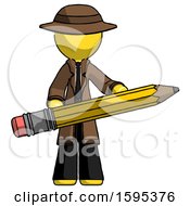 Poster, Art Print Of Yellow Detective Man Writer Or Blogger Holding Large Pencil