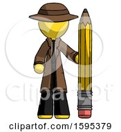 Poster, Art Print Of Yellow Detective Man With Large Pencil Standing Ready To Write