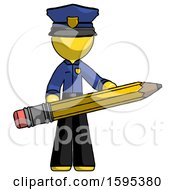 Poster, Art Print Of Yellow Police Man Writer Or Blogger Holding Large Pencil