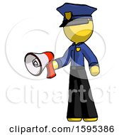 Poster, Art Print Of Yellow Police Man Holding Megaphone Bullhorn Facing Right