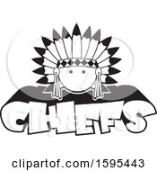 Poster, Art Print Of Cartoon Black And White Native American Chief School Sports Mascot Over Text