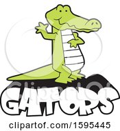 Clipart Of A Cartoon Alligator School Sports Mascot Waving Over Text Royalty Free Vector Illustration by Johnny Sajem