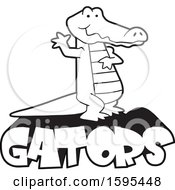 Clipart Of A Cartoon Black And White Alligator School Sports Mascot Waving Over Text Royalty Free Vector Illustration by Johnny Sajem