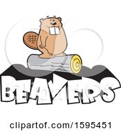 Poster, Art Print Of Cartoon Beaver School Sports Mascot Standing On A Log Over Text