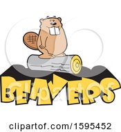Poster, Art Print Of Cartoon Beaver School Sports Mascot Standing On A Log Over Yellow Text