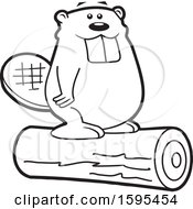 Poster, Art Print Of Cartoon Black And White Beaver School Sports Mascot Standing On A Log