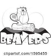Poster, Art Print Of Cartoon Black And White Beaver School Sports Mascot Standing On A Log Over Text