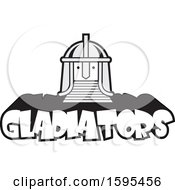 Poster, Art Print Of Cartoon Helmeted Face Gladiator School Sports Mascot Over Text