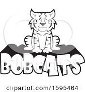 Poster, Art Print Of Cartoon Black And White Bobcat School Sports Mascot Sitting On Text