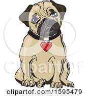 Poster, Art Print Of Cute Sitting Pug Dog With A Heart Collar