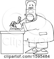 Poster, Art Print Of Cartoon Lineart Black Male Scientist Using A Microscope