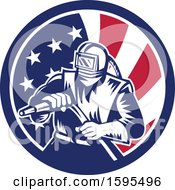 Clipart Of A Retro Woodcut Sandblaster Worker In An American Flag Circle Royalty Free Vector Illustration