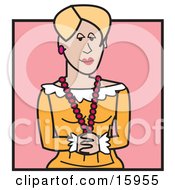 Pretty Blond Woman In An Orange Dress Tugging On Her Red Bead Necklace Clipart Illustration