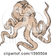 Poster, Art Print Of Sketched Man Hercules Fighting A Giant Octopus