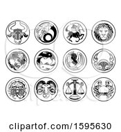 Clipart Of Round Black And White Zodiac Astrology Horoscope Star Signs Royalty Free Vector Illustration by AtStockIllustration