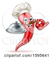 Clipart Of A Cartoon Spicy Hot Red Chili Pepper Chef Mascot Holding A Cloche And Gesturing Ok Royalty Free Vector Illustration by AtStockIllustration