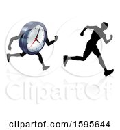 Clipart Of A Silhouetted Man Racing A Clock Character Royalty Free Vector Illustration by AtStockIllustration